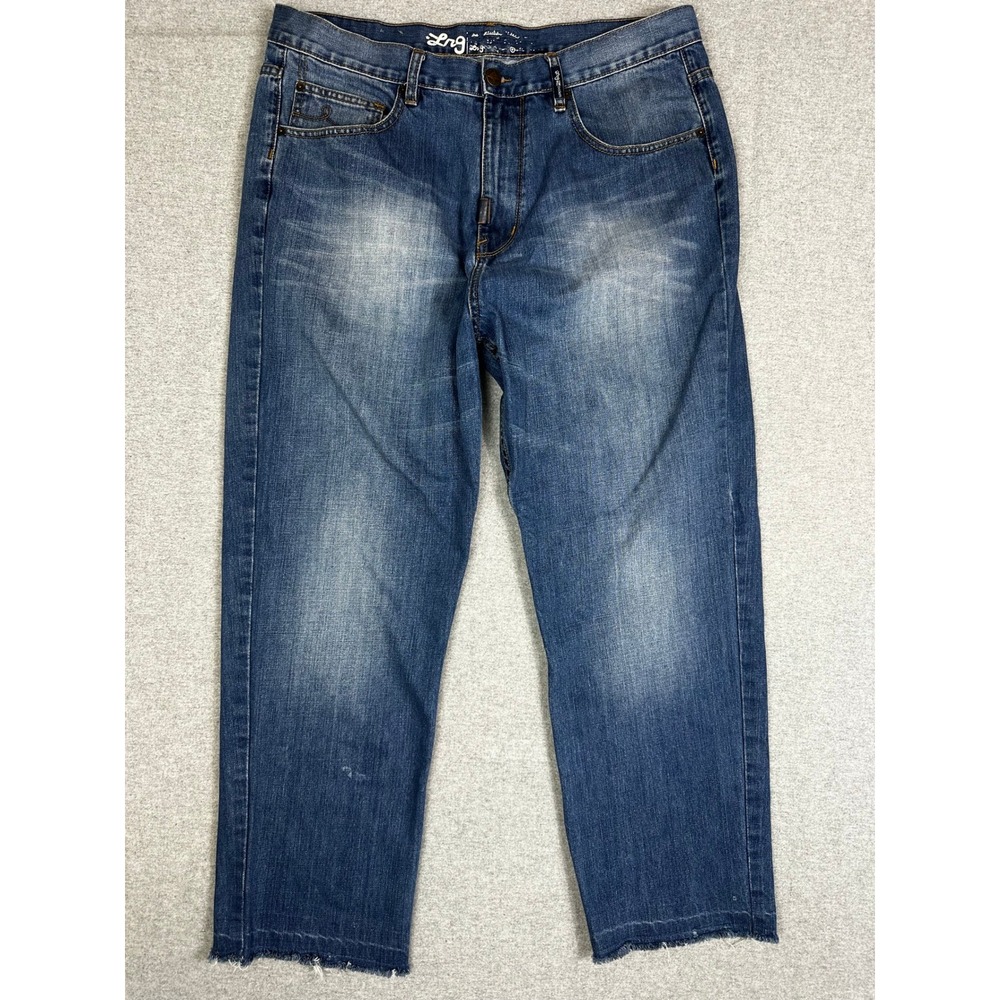 LRG True Taper Jean Mens 38x27 Medium Wash Raw Hem Streetwear Denim